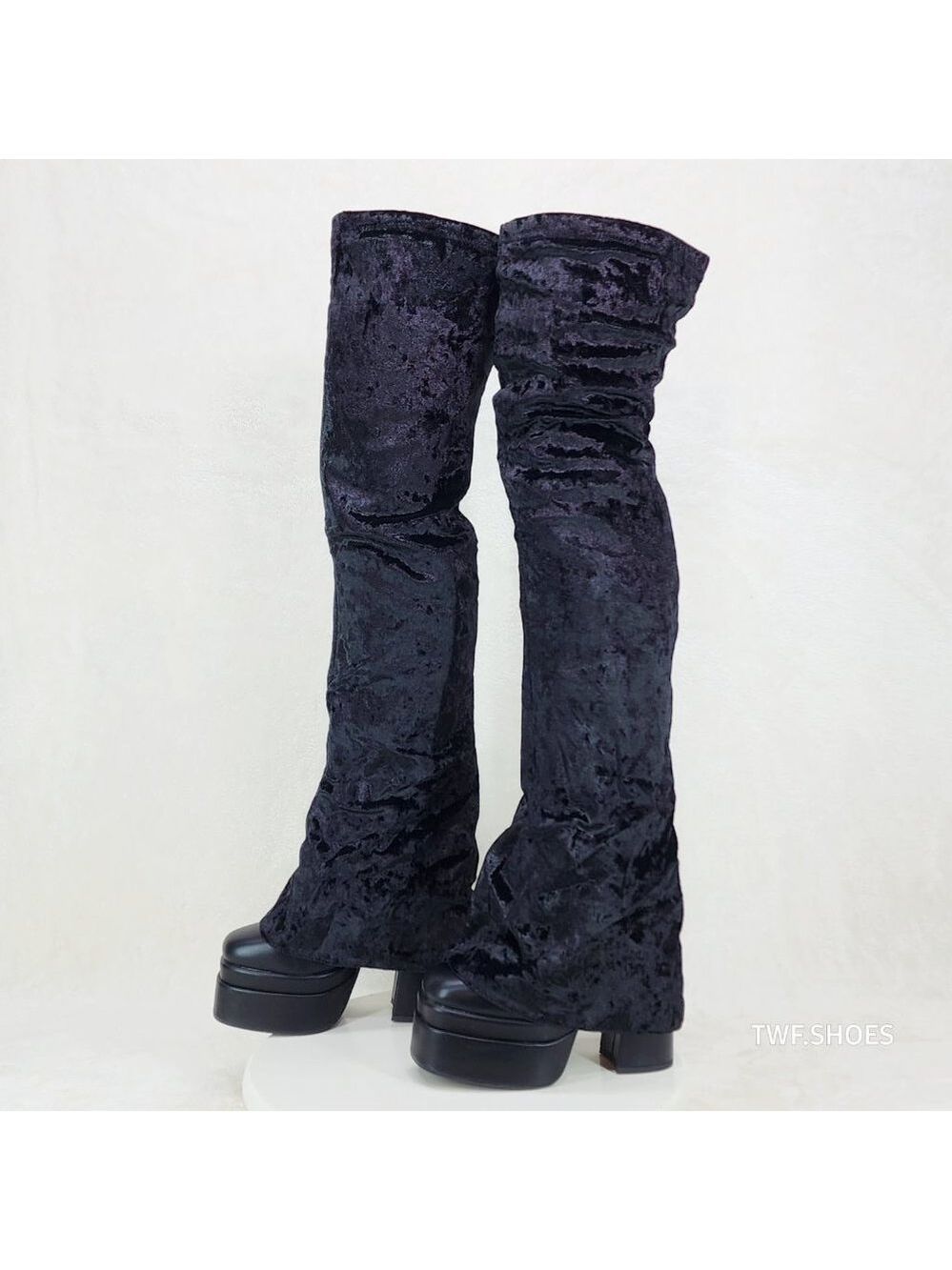 Unique Thigh High Black Velvet Fold over Skirted Chunky Heel Platform Boots - Picture 6 of 17